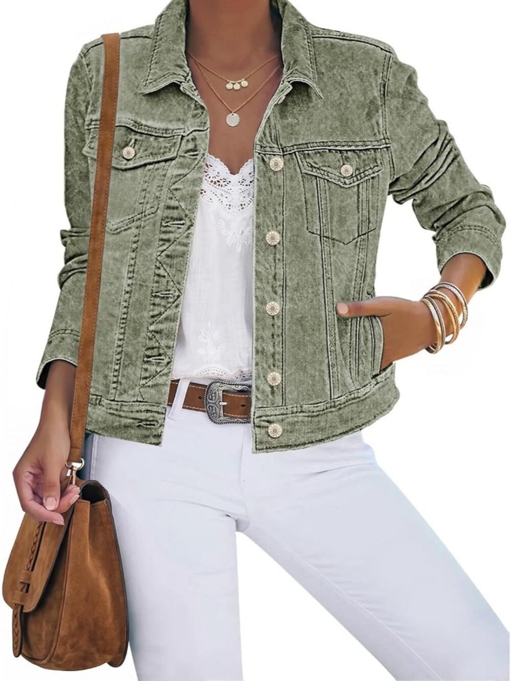 Women's Calliste Green Cotton Button Down Stretch Fitted Long Sleeve Jean Jacket